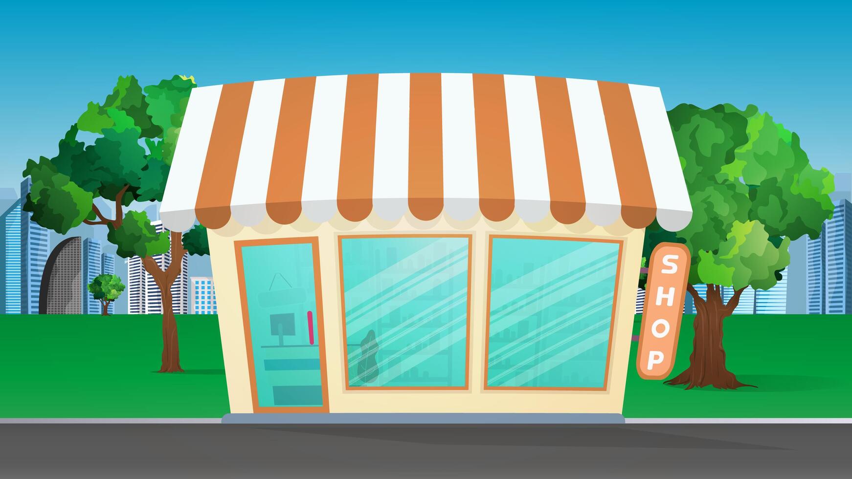 Grocery store in the center of the park. Park, grocery store, flat style. Vector illustration