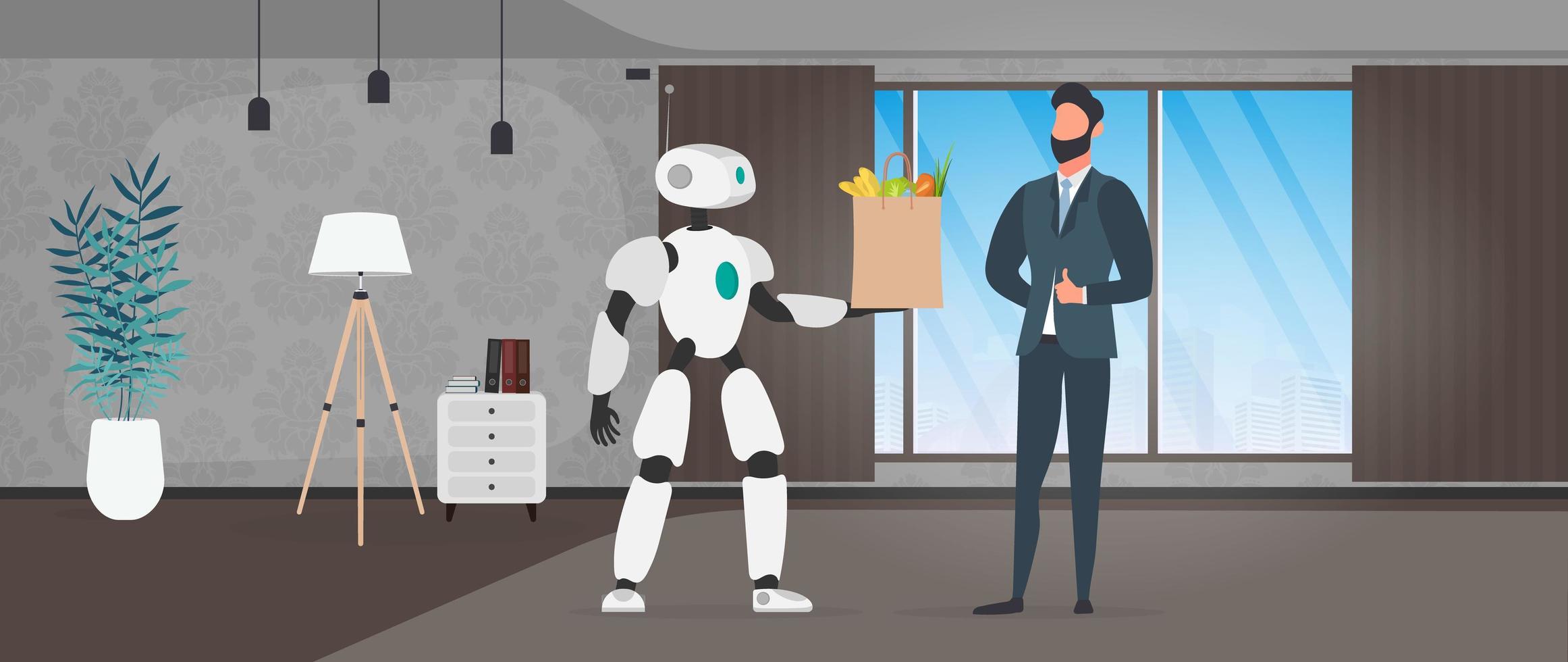 el robot sostiene una bolsa con comestibles en sus manos. entrega de comida por robots. empresario mostrando el pulgar hacia arriba. concepto de entrega futura. las compras en línea. vector. vector