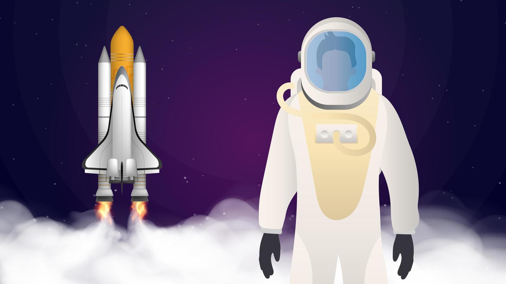 Travel to space. The astronaut in a protective suit. Purple banner on the theme of space flight. Space shuttle. Fighter. The booster takes off. Vector. vector