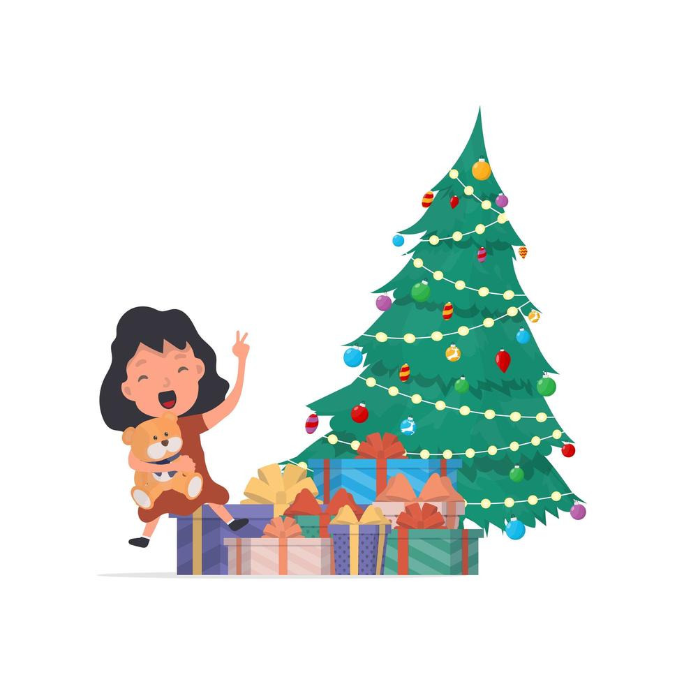 Happy children with gifts. Happy children, gift boxes, Christmas tree. Isolated. Vector. vector