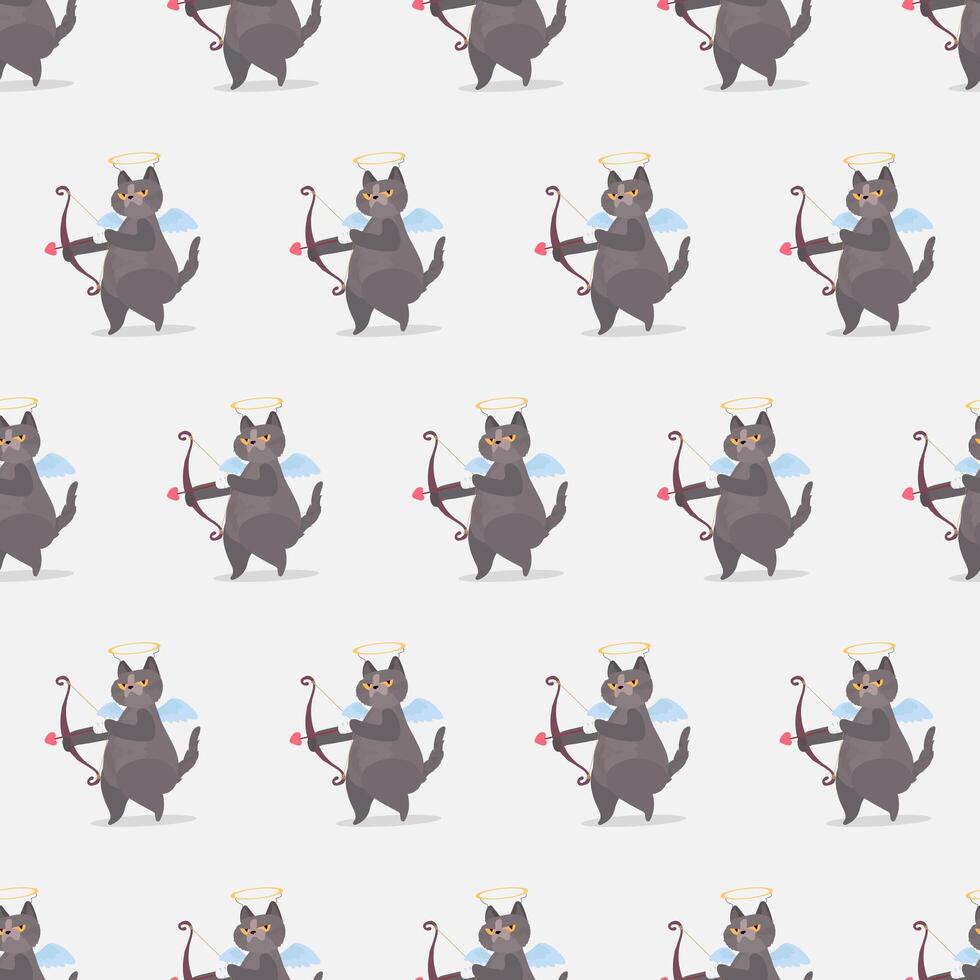 Seamless pattern Funny gray cat in the image of a cupid. A cat with a serious look. Vector illustration