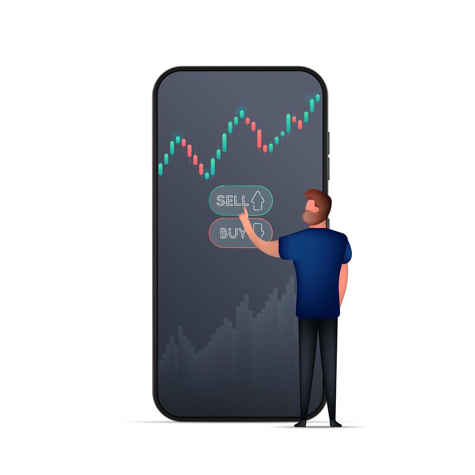 A man buys stocks or currency on the stock exchange through the phone. Stock market investment trading concept. Candlestick chart. Vector illustration.