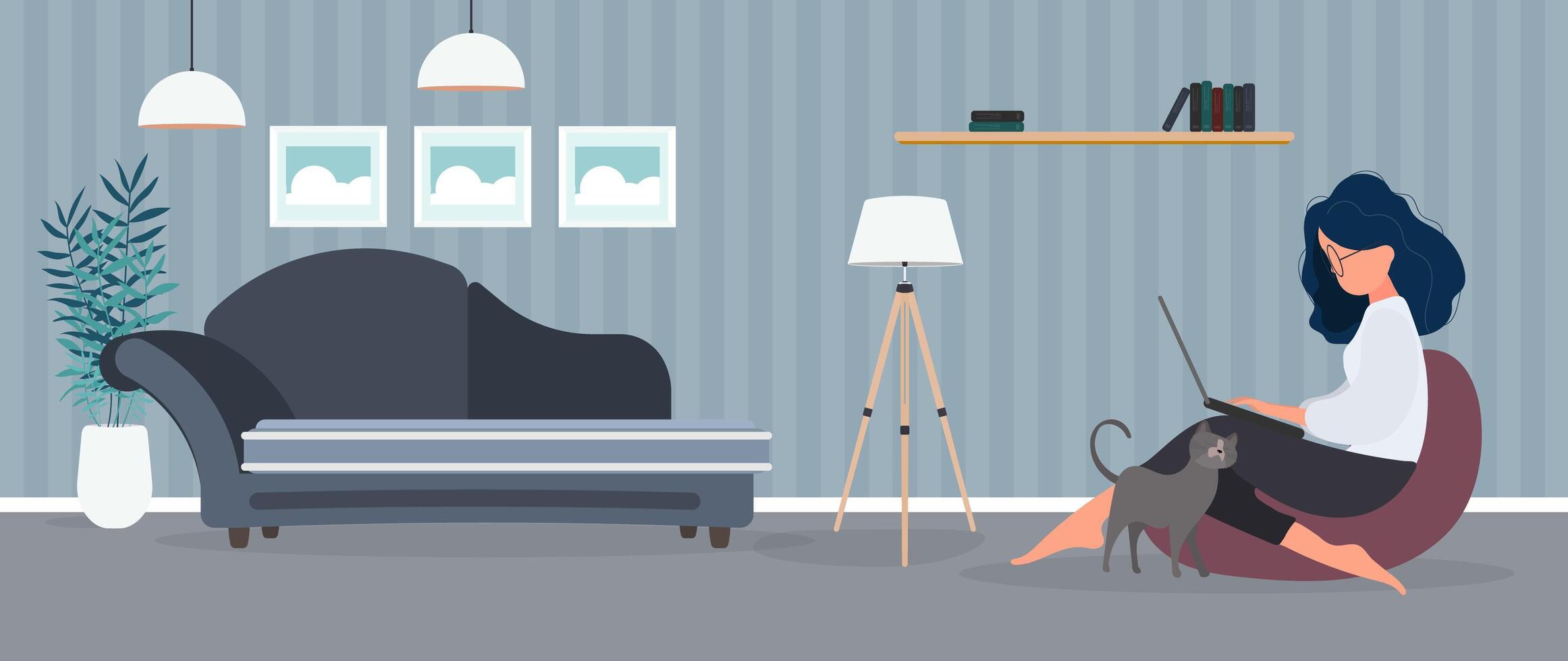 The girl sits on an ottoman and works at a laptop. A woman with a laptop sits on a large pouf. The cat rubs against the girls leg. The concept of comfortable work in the office or at home. . vector