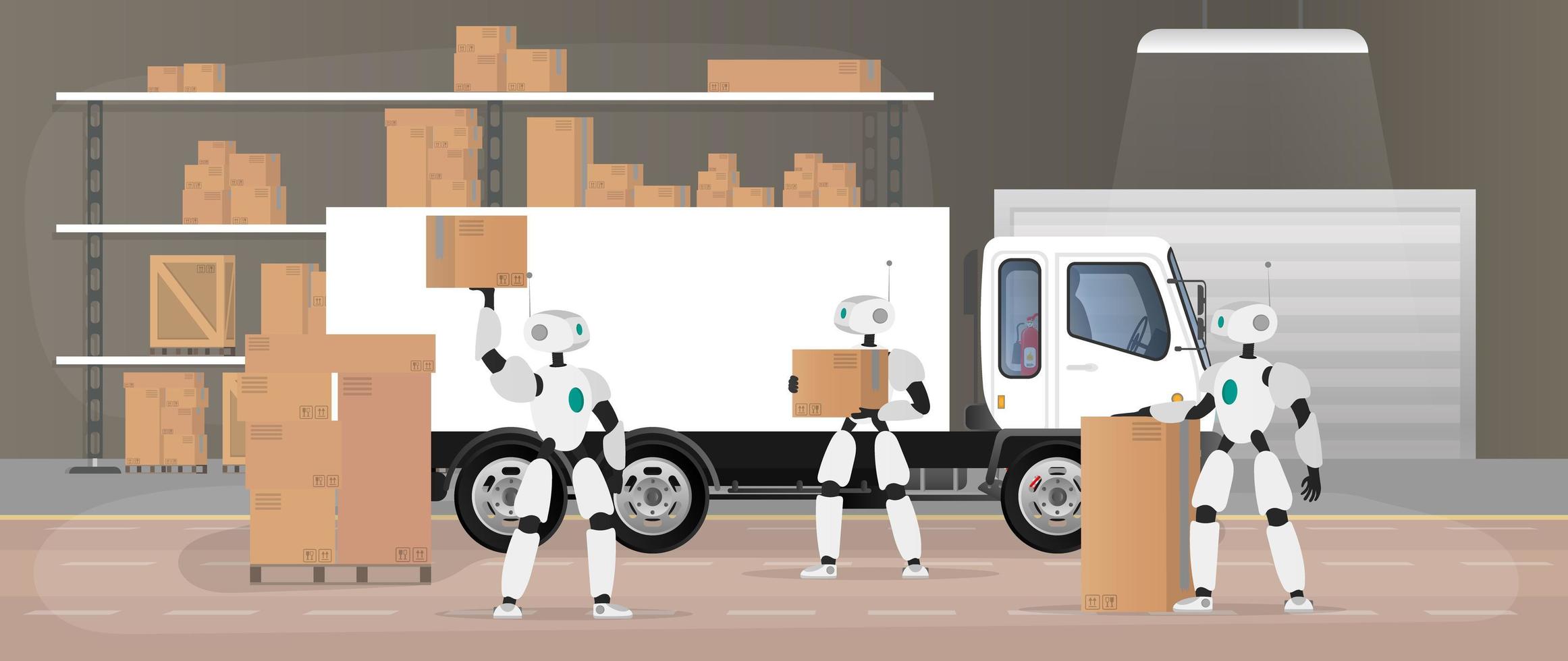 Robots work in a manufacturing warehouse. Robots carry boxes and lift the load. Futuristic concept of delivery, transportation and loading of goods. Large warehouse with boxes and pallets. Vector. vector