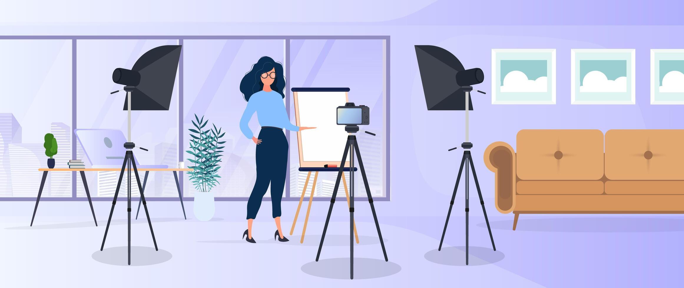 The girl is giving a presentation in front of the camera. The teacher conducts a lesson online. The concept of blogs, online training and conferences. Camera on a tripod, softbox. vector
