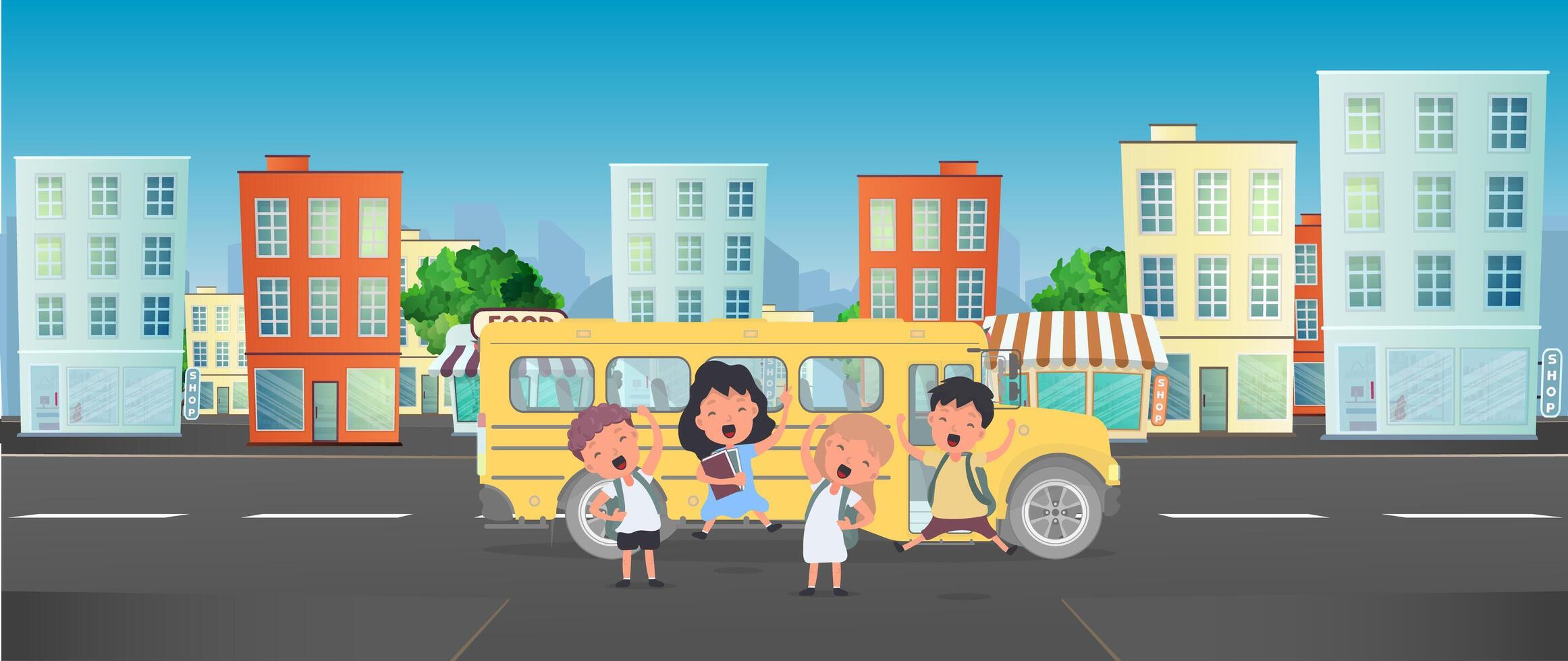 niños felices y un autobús escolar. los niños van a la escuela. bus amarillo para la escuela. vetkor. vector