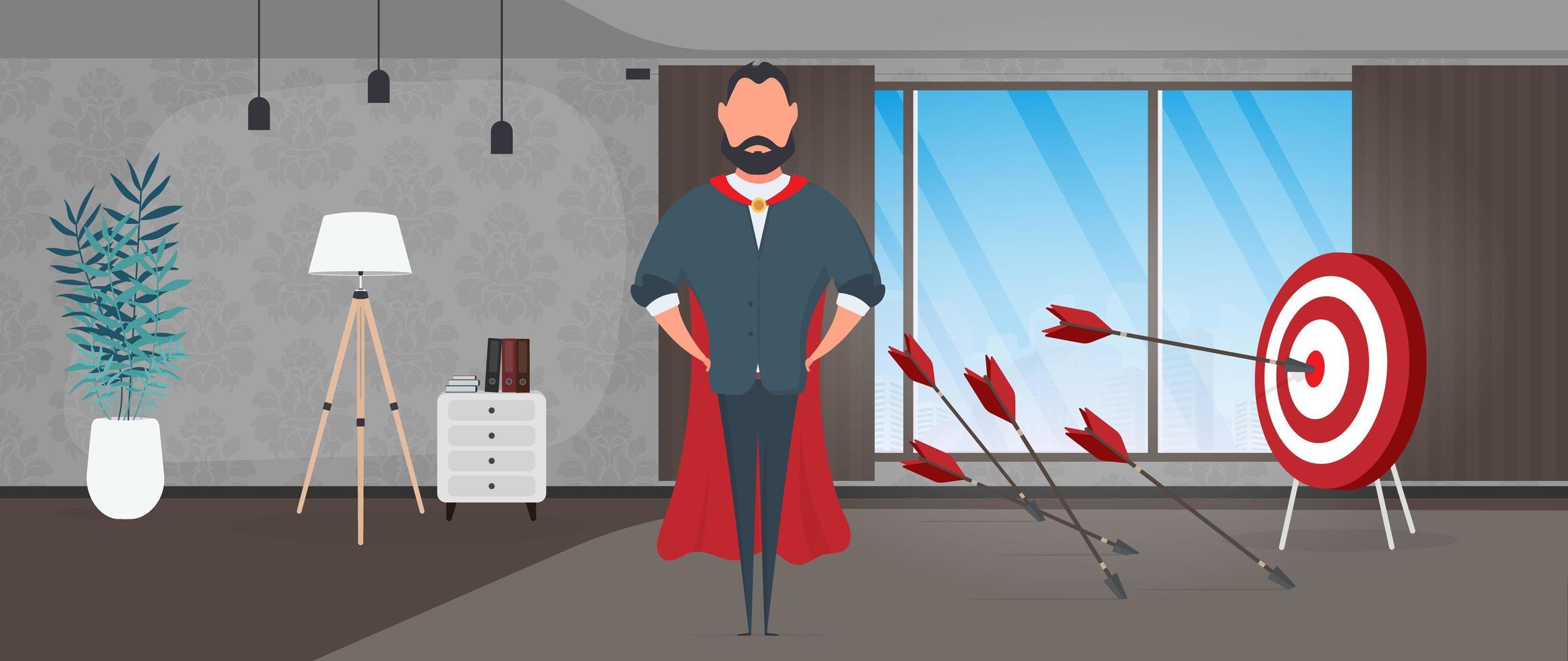 Businessman hits the target. Hit the center of the target with an arrow. Businessman with a red cloak. The concept of motivation and achievements in business. Vector. vector