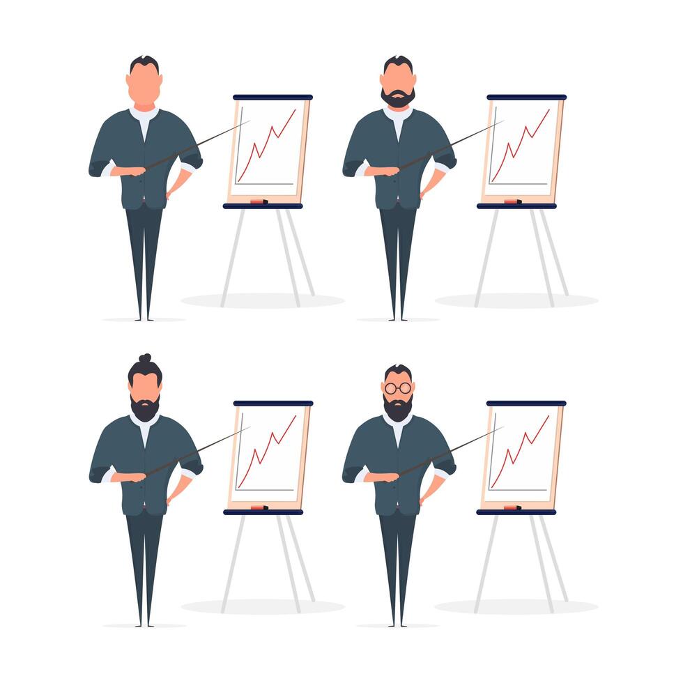 A man with a pointer points to a slide. The guy shows the report. Board for paper. Isolated. . vector