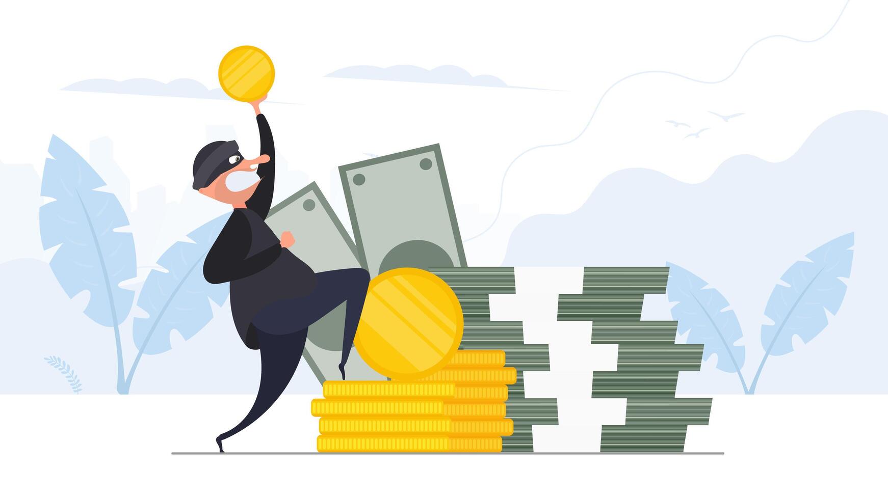The robber holds a gold coin in his hands. vector