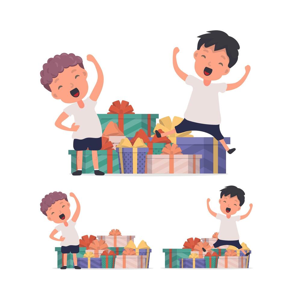Two boys are jumping on a pile of presents vector
