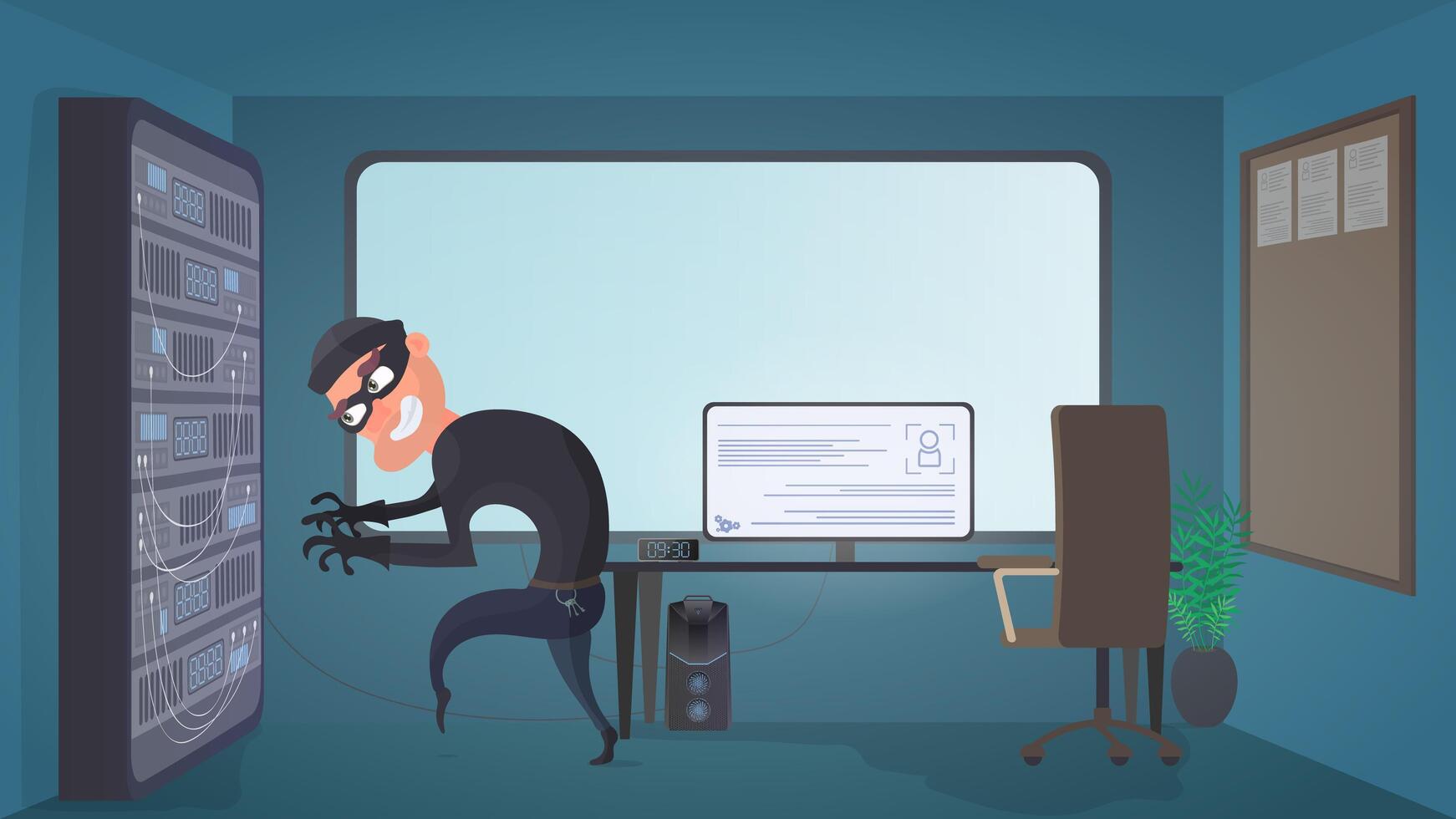 A thief is trying to get a server. A masked burglar steals data. The criminal got into the office. The concept of security and data protection. Isolated. Vector. vector