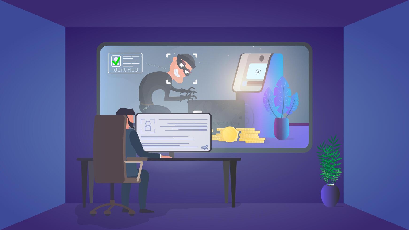 A security guard is watching a burglar in a security room. Identification of a thief. A thief steals a bank card near an ATM. Safety concept. . vector
