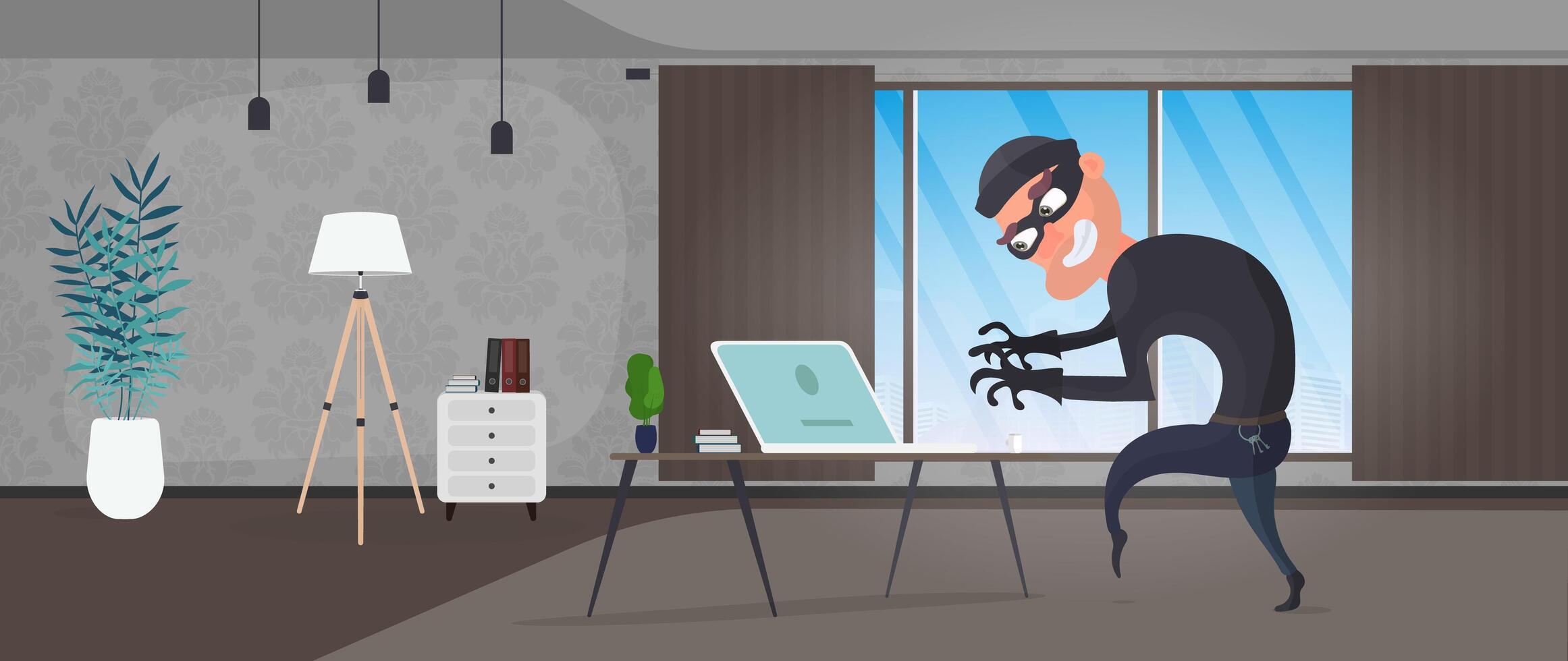 Thief in the house. A robber steals data from a laptop. Safety concept. Thief man stealing an apartment. A robber robbed a house. Flat style. Vector illustration.