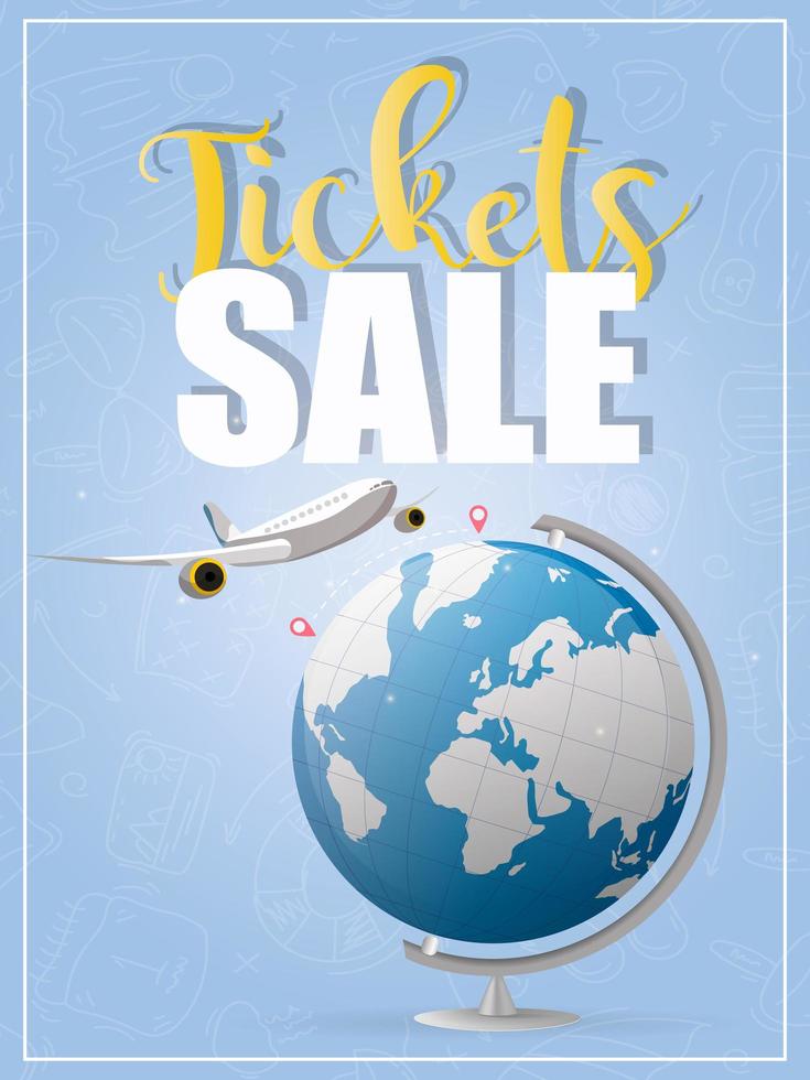 Tickets sale. Blue banner. The plane flies from point a to point b. Blue globe. Good for air ticket sales. Vector. vector