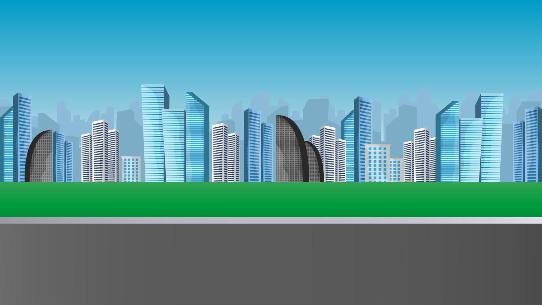 Cityscape with large modern buildings. Street, highway. The concept of the city. Vector illustration.