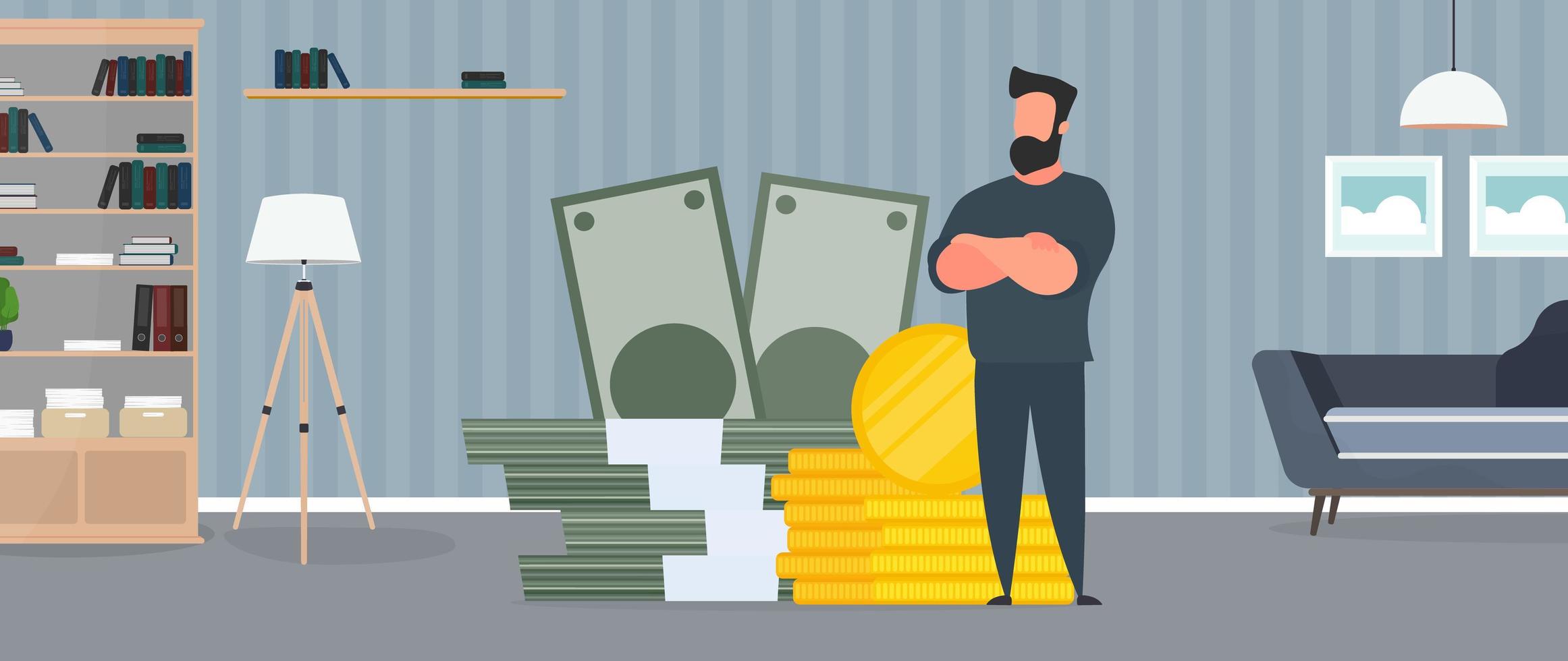 Businessman and a mountain of money. A man stands near gold coins and large dollar bills. A bundle of money. The concept of a successful business, earnings and wealth. Vector. vector