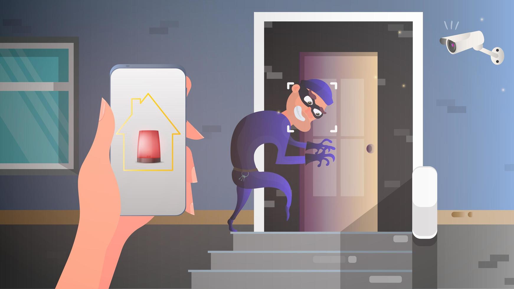 The thief is trying to get into the house through the door. Security at home. Alert. Safety and security concept. Vector. vector