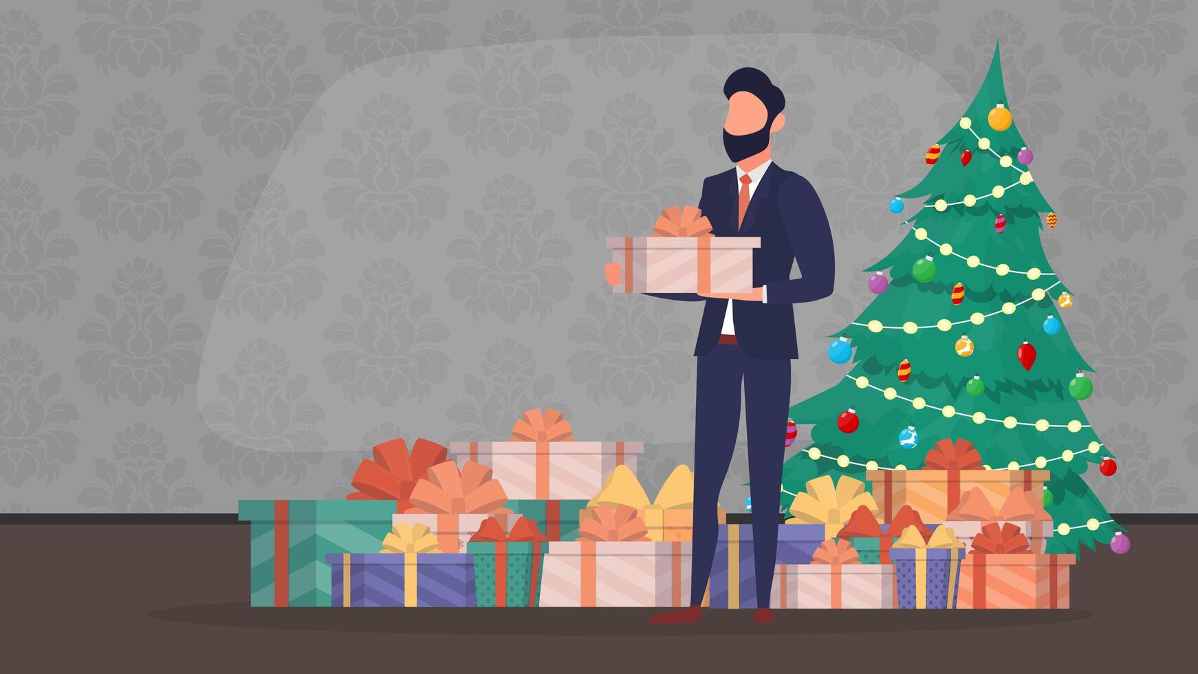 The guy is holding a gift in his hands. New Year tree, many gifts, man. New year concept. Vector. vector