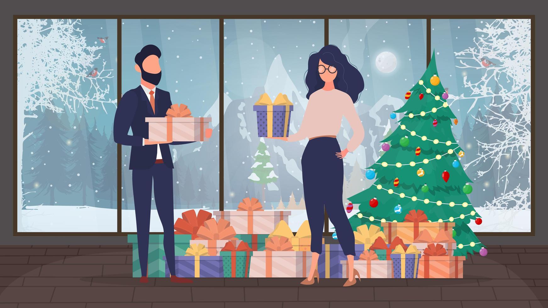 la chica y el chico tienen regalos en sus manos. mujer y hombre con regalos en sus manos. concepto de vacaciones. vector. vector