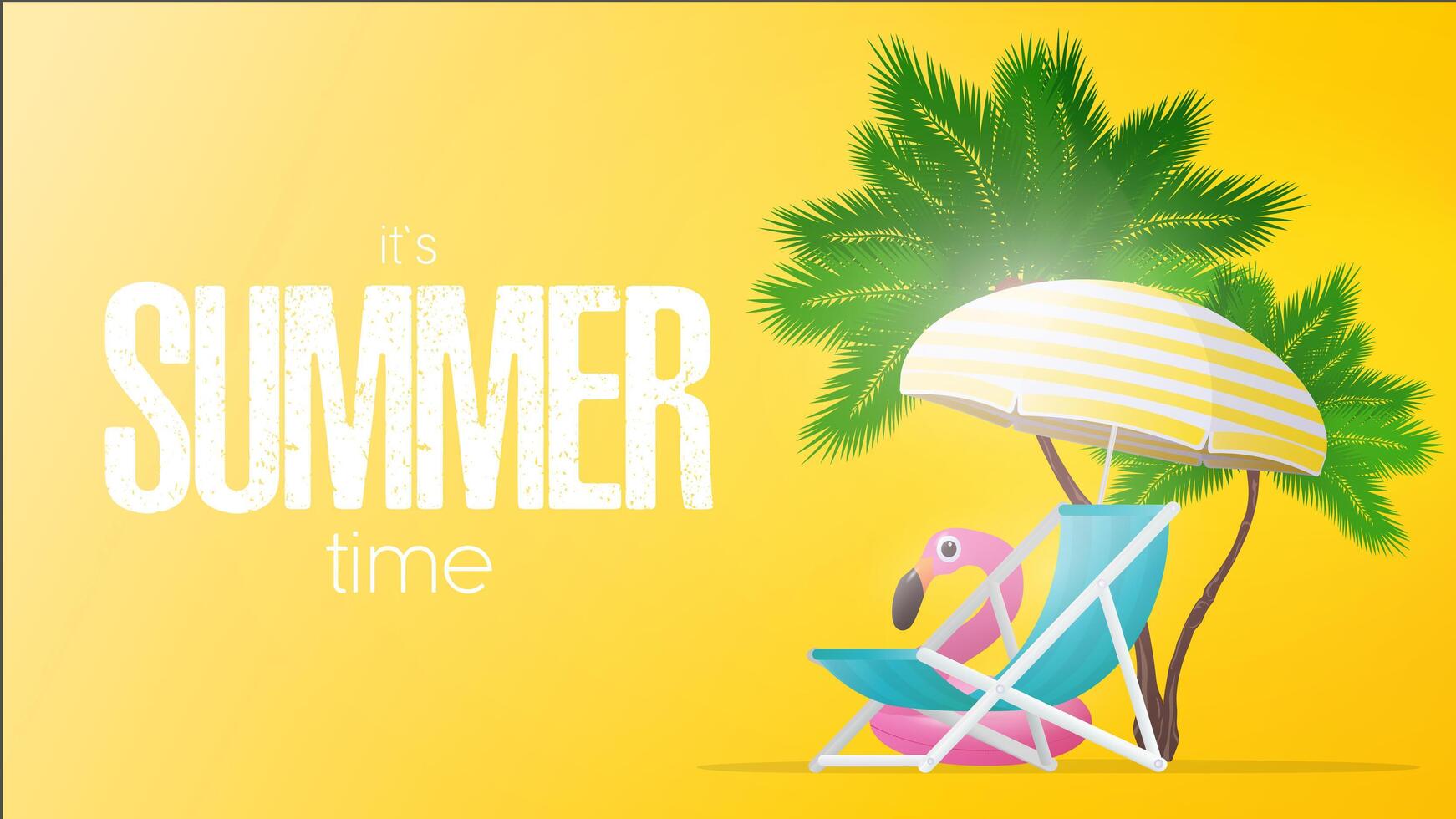 Yellow banner summer time. Deck chair and sun umbrella with yellow stripes isolated on white background. Palm trees and pink flamingo swimming circle. Vector illustration