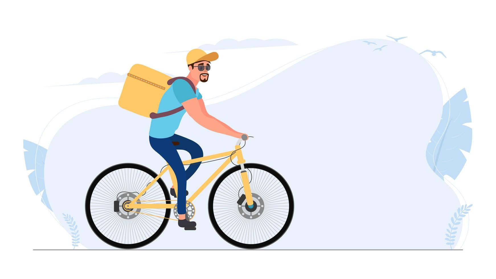 Food delivery by bike. The guy on a bicycle rides in the park. Bicycle delivery concept. Vector stock illustration.