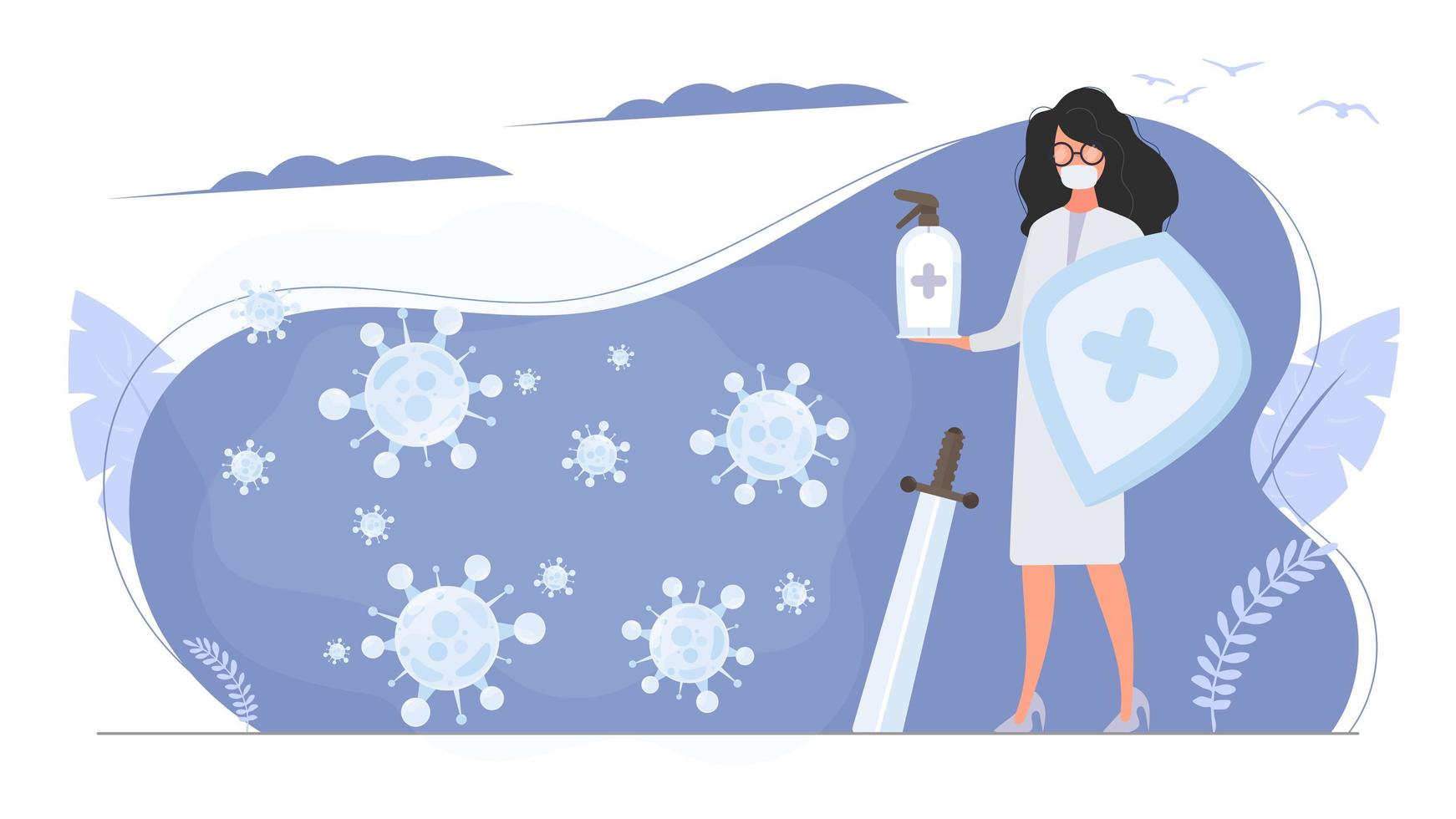 Medical girl in a white suit with a shield and a sword. A female doctor in a medical mask holds a nebulizer. Virus molecules. Vector. vector