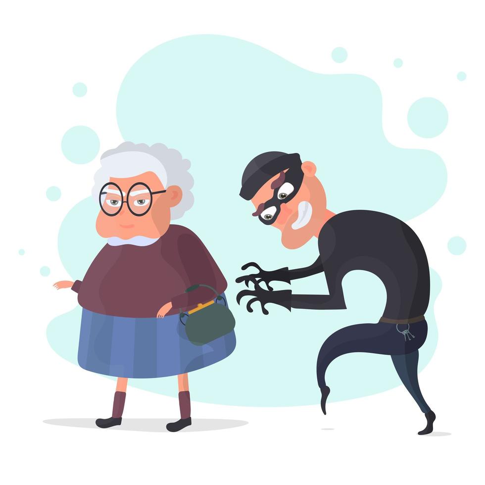 Thief and Senior Woman. The thief stole a handbag from an old woman. The concept of fraud, robbery. Cartoon flat vector illustration.