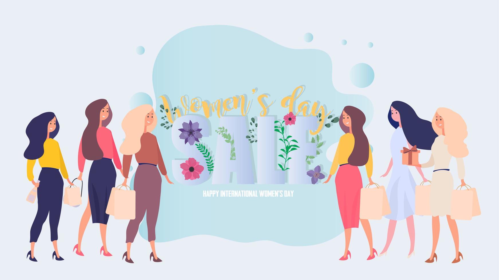 Womens day sale banner. Happy International Women's Day. Girls with presents. Vector illustration