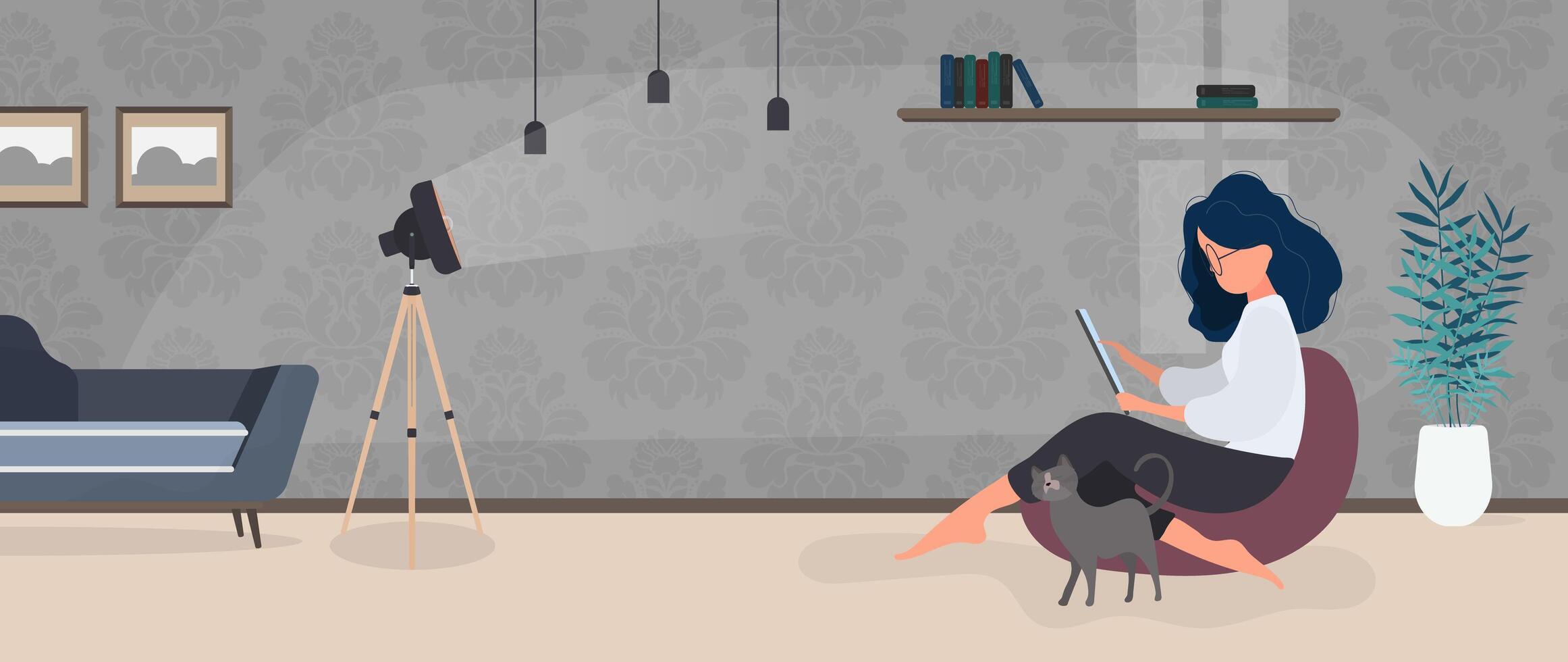 The girl is meditating in the office. The girl practices yoga. Room, office, floor lamp, room growth, table with laptop, workplace. illustration vector