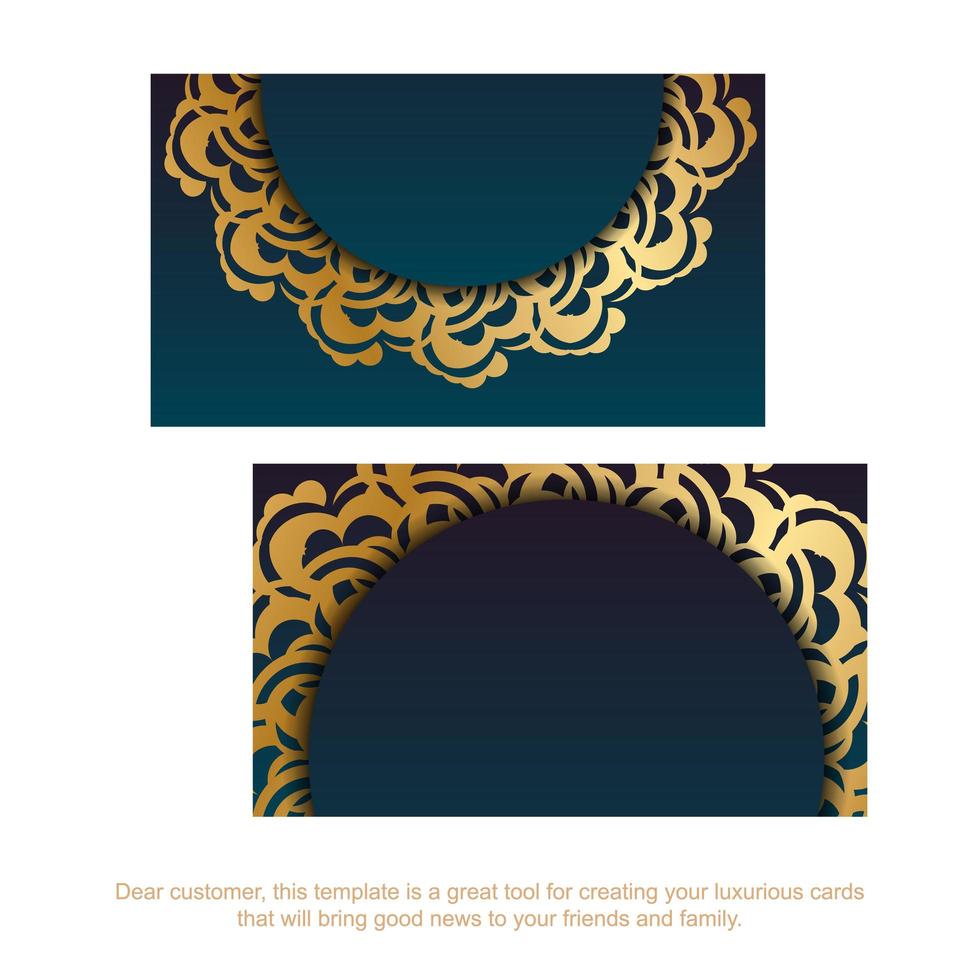 Business card with gradient blue color with vintage gold pattern for your personality. vector
