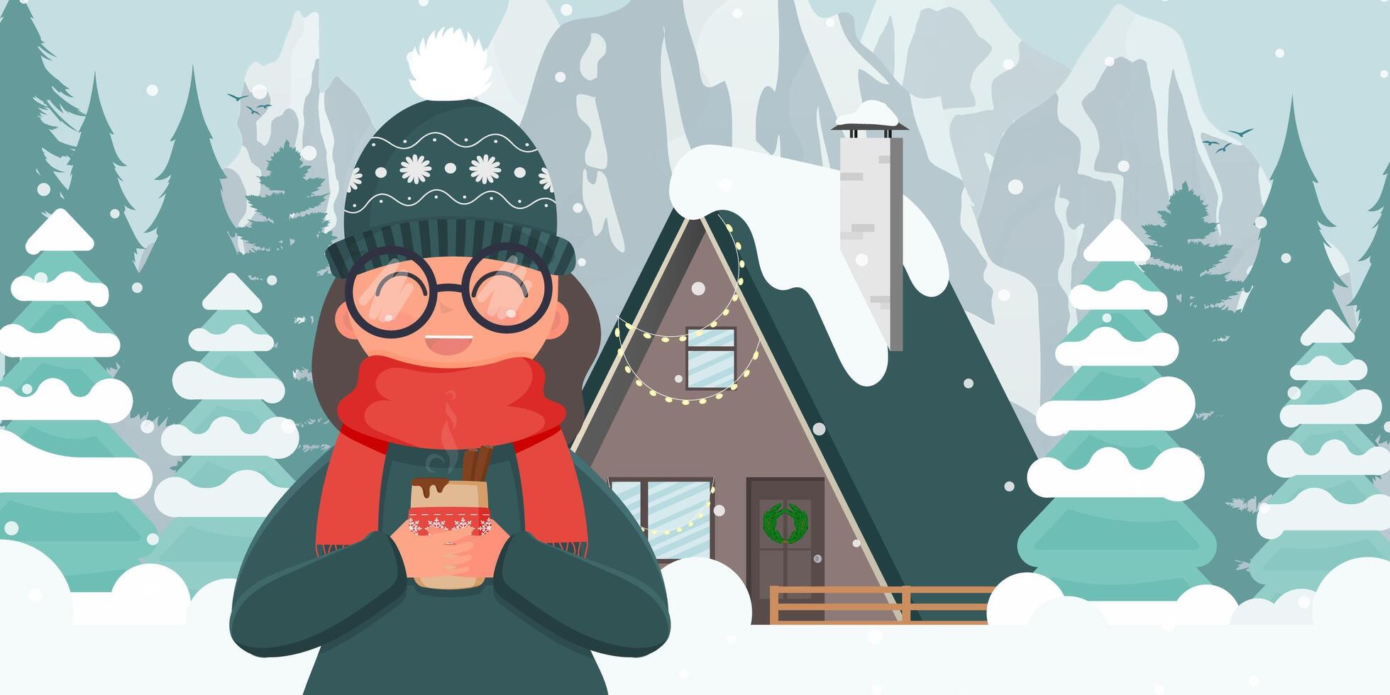 The girl is drinking a hot drink in the yard. House in a snowy forest. Vector. vector