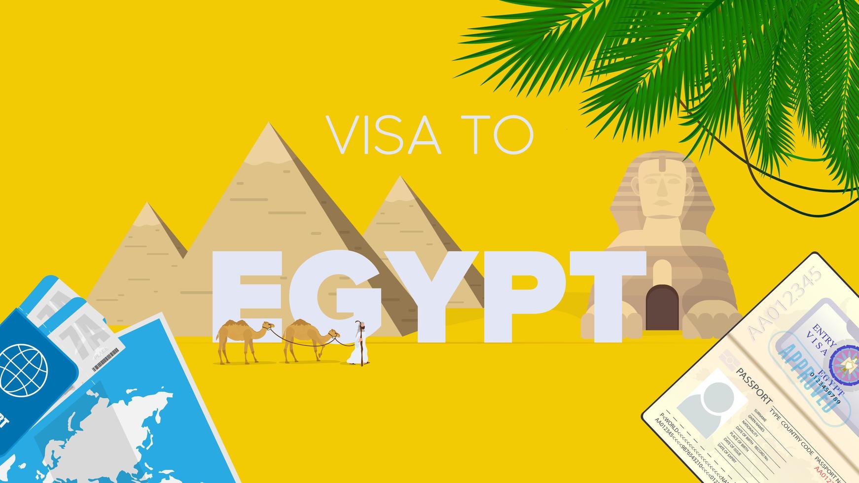 Egypt visa yellow banner. Passport, airline tickets, world map, Egypt visa, camel caravan, Egyptian pyramids and sphinx. Vector poster.