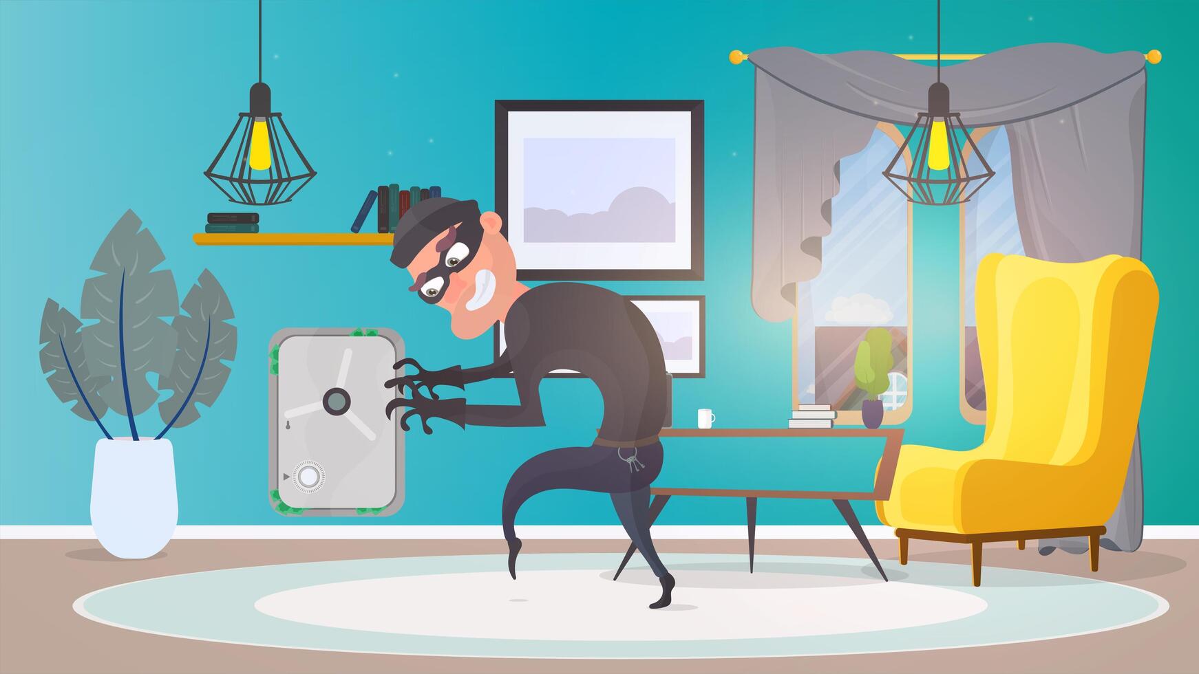 Thief in the house. A robber steals money from a safe. Security concept. Flat style vector illustration.
