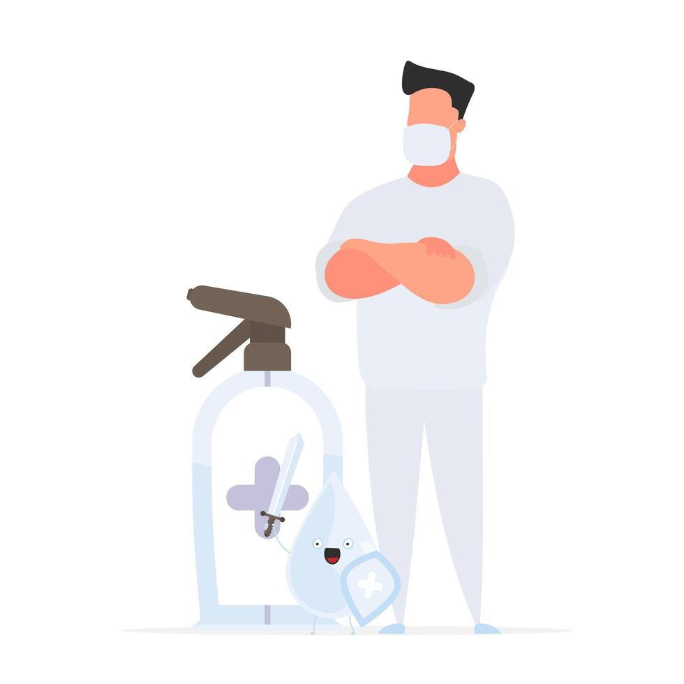 A man in a white uniform is standing next to a vacuum cleaner vector