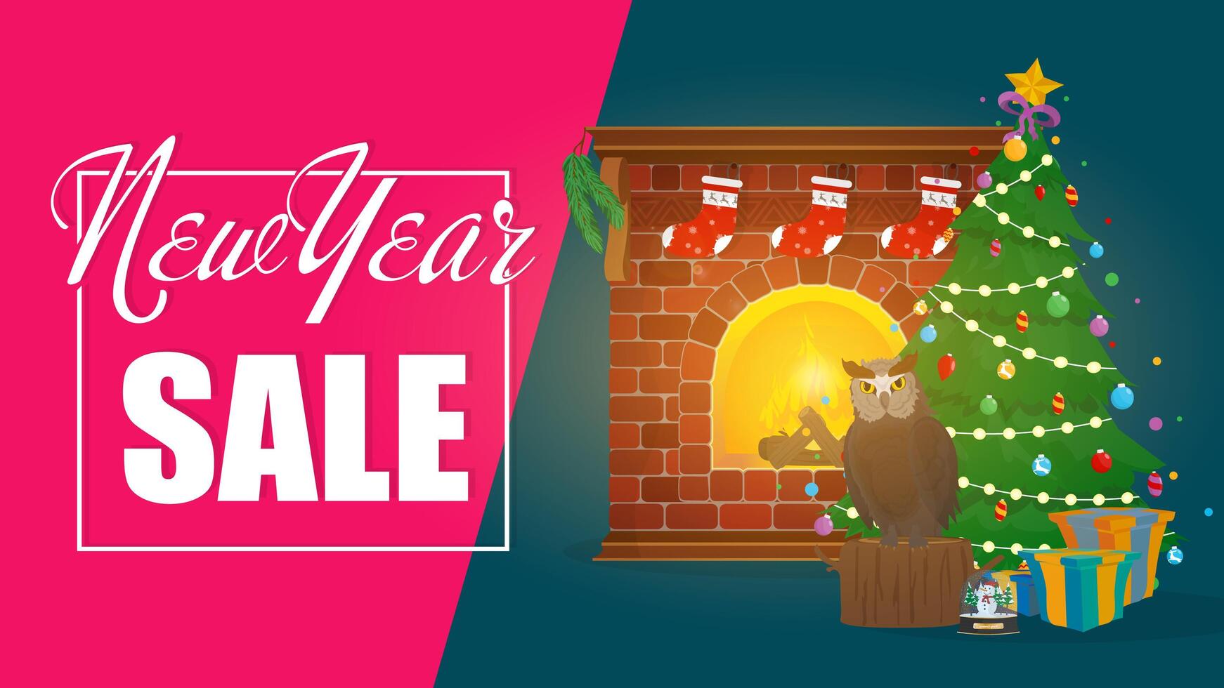 New year sale banner. Gifts, Christmas tree, fireplace. Poster on the topic of discounts for the new year. . vector