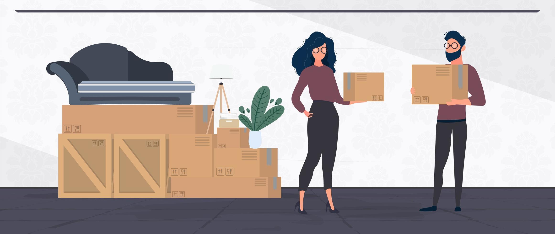 Moving home banner. Moving to a new place. Wooden boxes, cardboard boxes, sofa, houseplant, floor lamp. Vector. vector