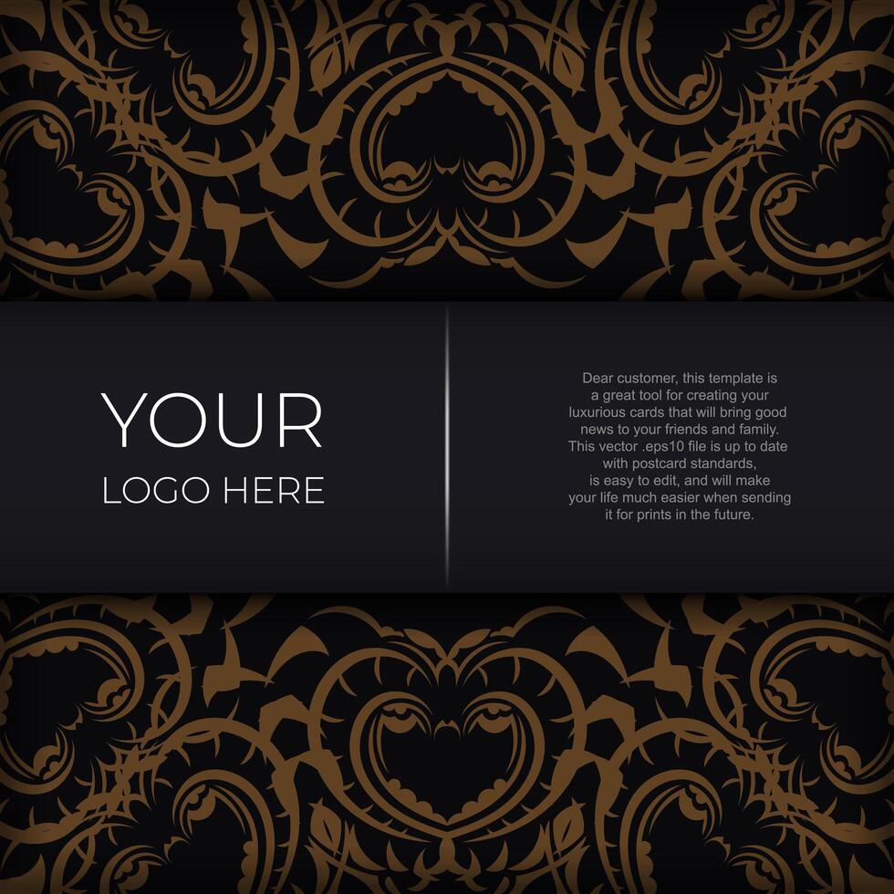Black luxury postcard design with gold vintage mandala ornament. Can be used as background and wallpaper. Elegant and classic vector elements ready for print and typography.