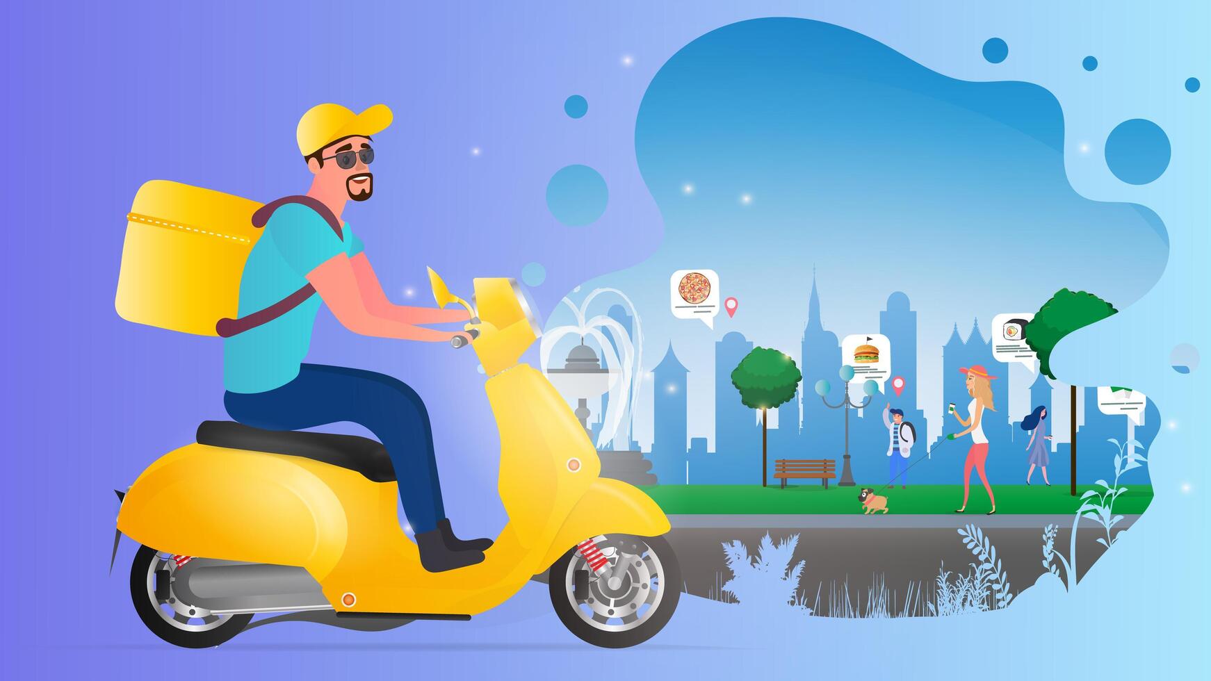 Food delivery on a scooter. A guy with a yellow backpack drives through the park. Yellow moped. The concept of food orders and delivery. illustration vector