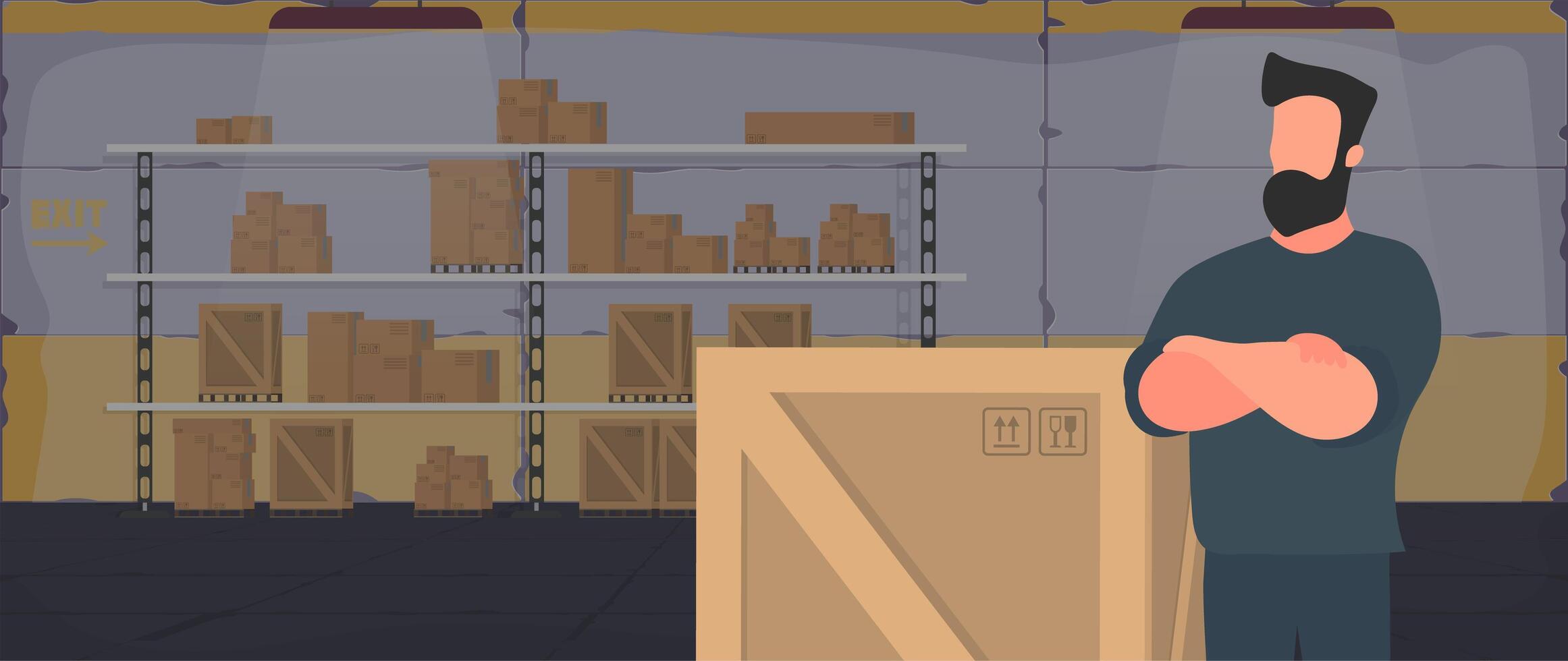 Large industrial warehouse with boxes. A man stands with a large wooden box. Large pallet. Delivery and transportation concept. . vector