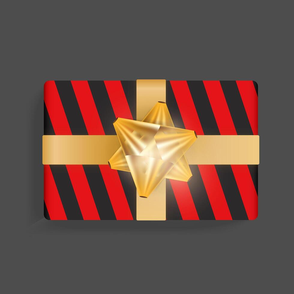 Black gift box with red stripes. Gold ribbon bow. Beautiful realistic gift box template for birthday, Christmas, new year design. Top view vector illustration