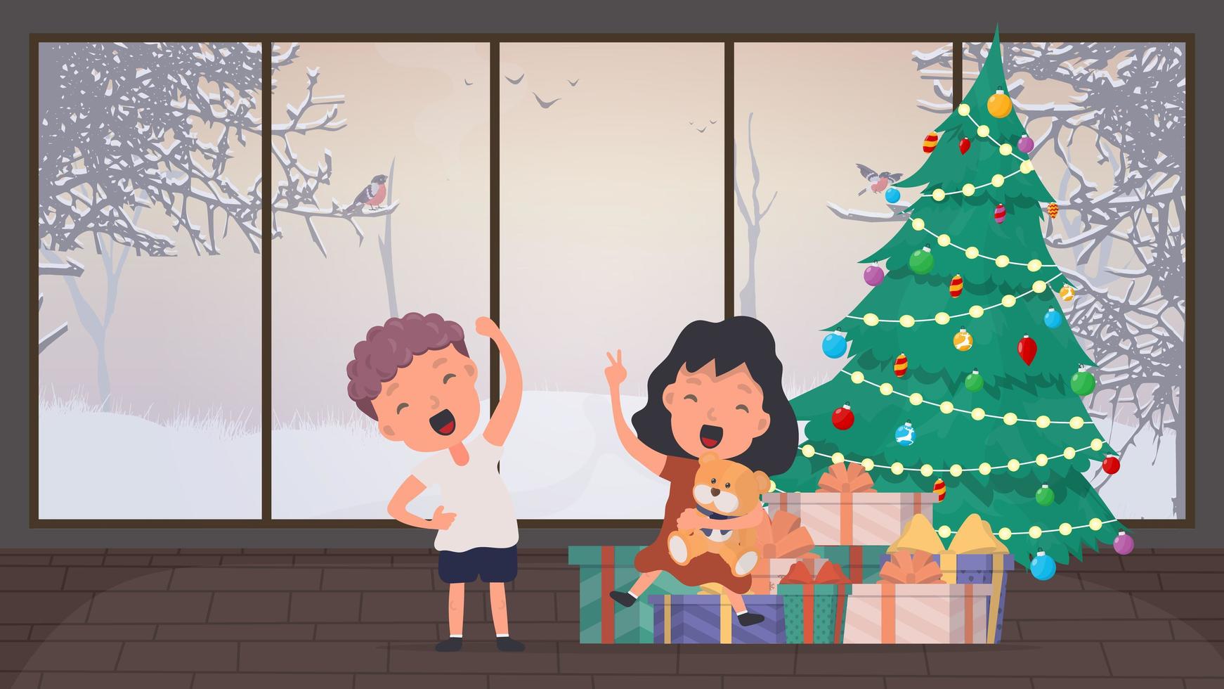 el niño se regocija con los regalos debajo del árbol. árbol de navidad, muchos regalos, año nuevo, navidad. vector