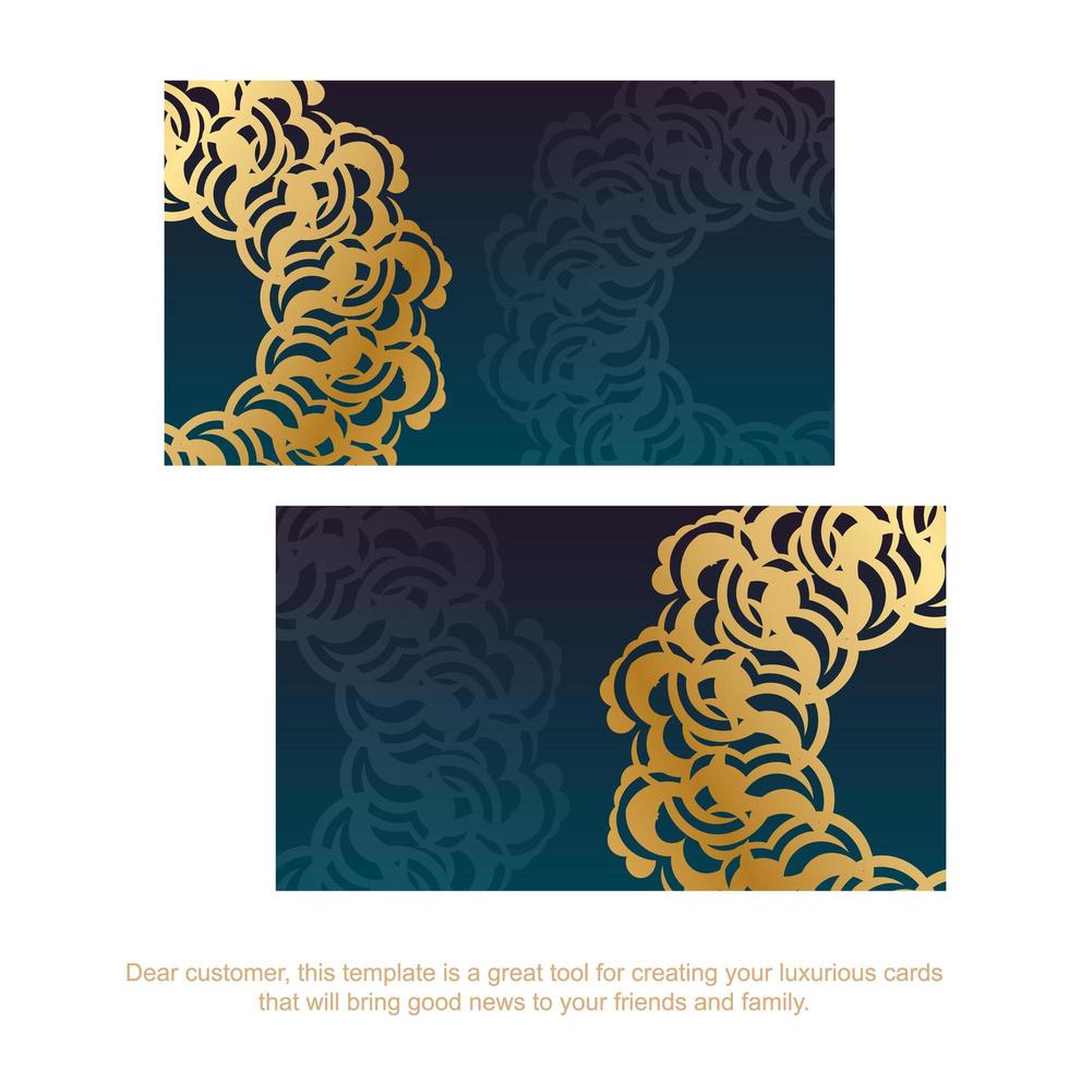 Business card with gradient blue color with vintage gold pattern for your contacts. vector