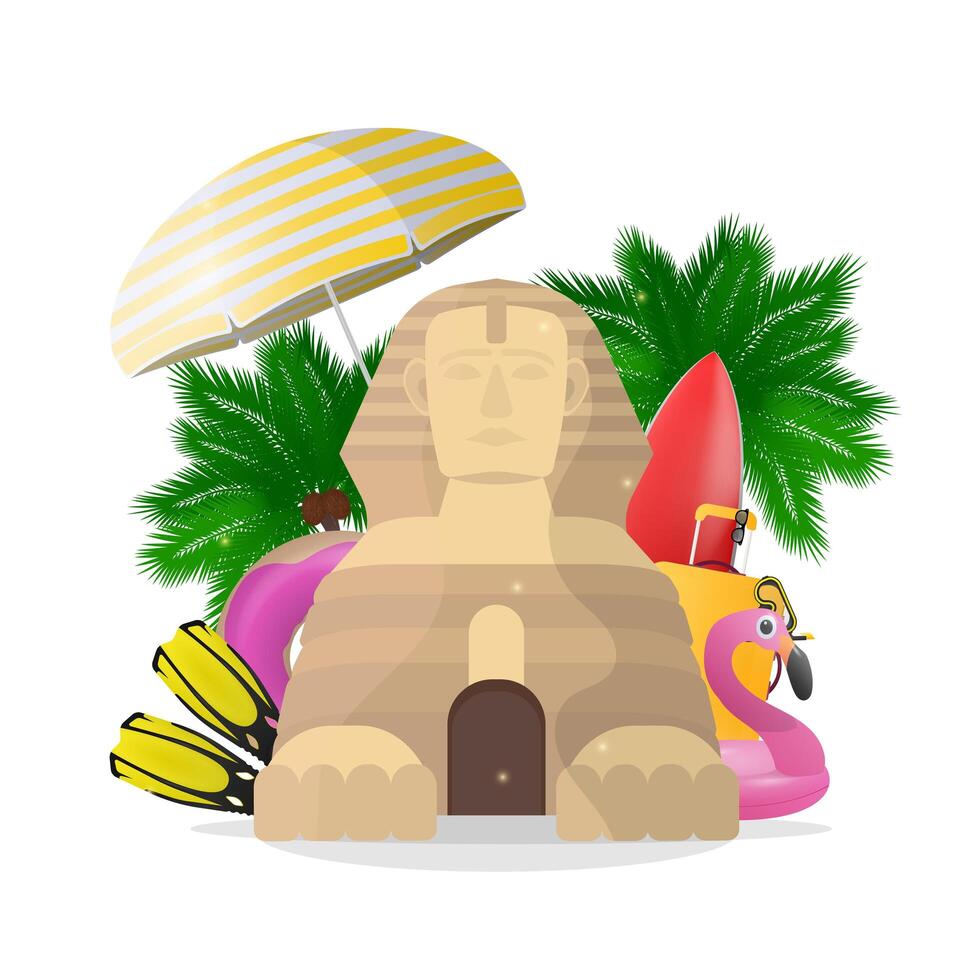 Application on the theme of relaxation in Egypt. Egyptian sphinx, palm trees, parasol, flippers, rubber ring for swimming, surfboard. Isolated. Vector. vector