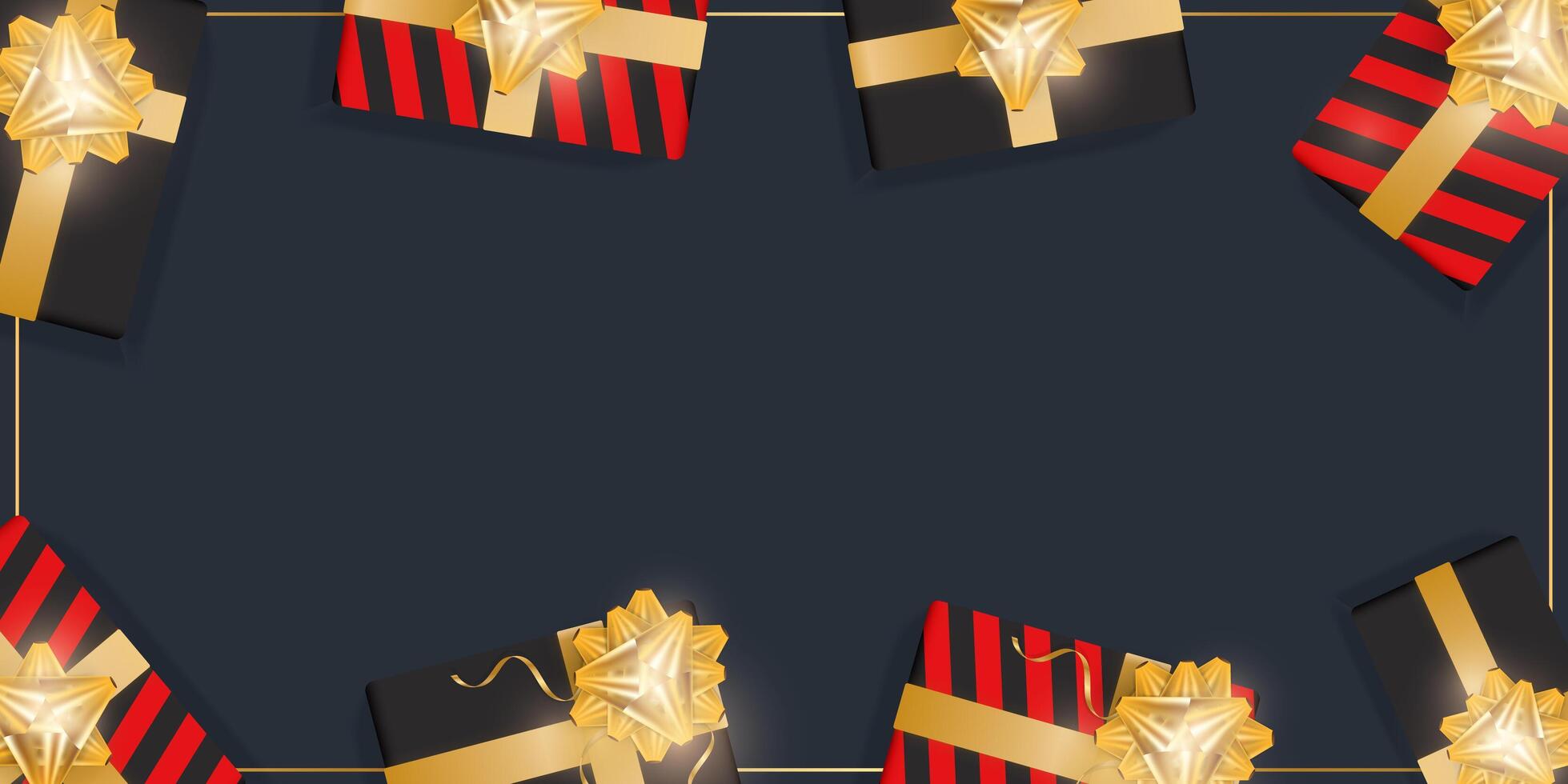 Black background with gifts and place for text. Realistic gift boxes with gold ribbons and bow. View from above. vector