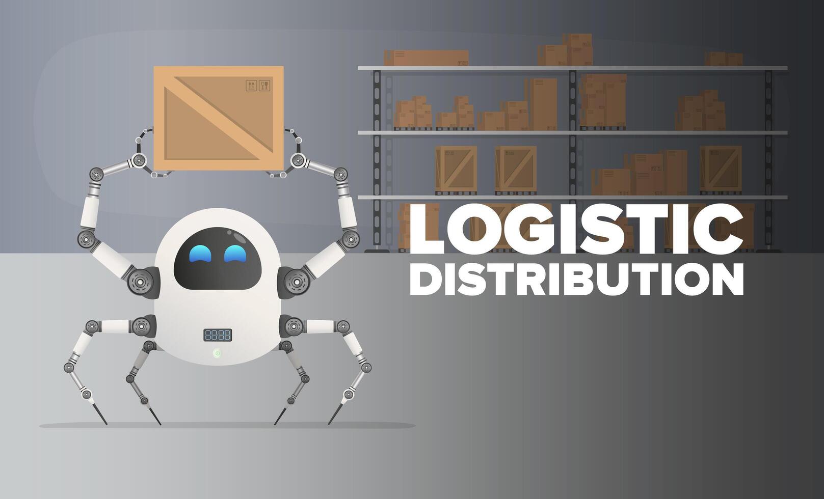 Logistic distribution. A robot picks up a box in a warehouse. Large warehouse with wooden and cardboard boxes. Vector. vector