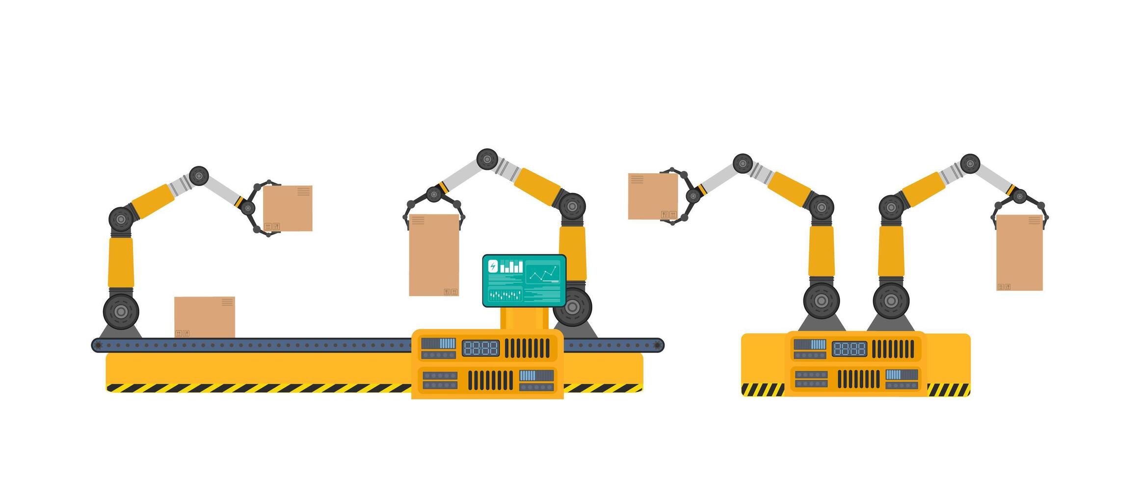 línea transportadora automática con brazos robóticos. operación automática. brazo robótico industrial con cajas. tecnología industrial moderna. electrodomésticos para empresas manufactureras. vector