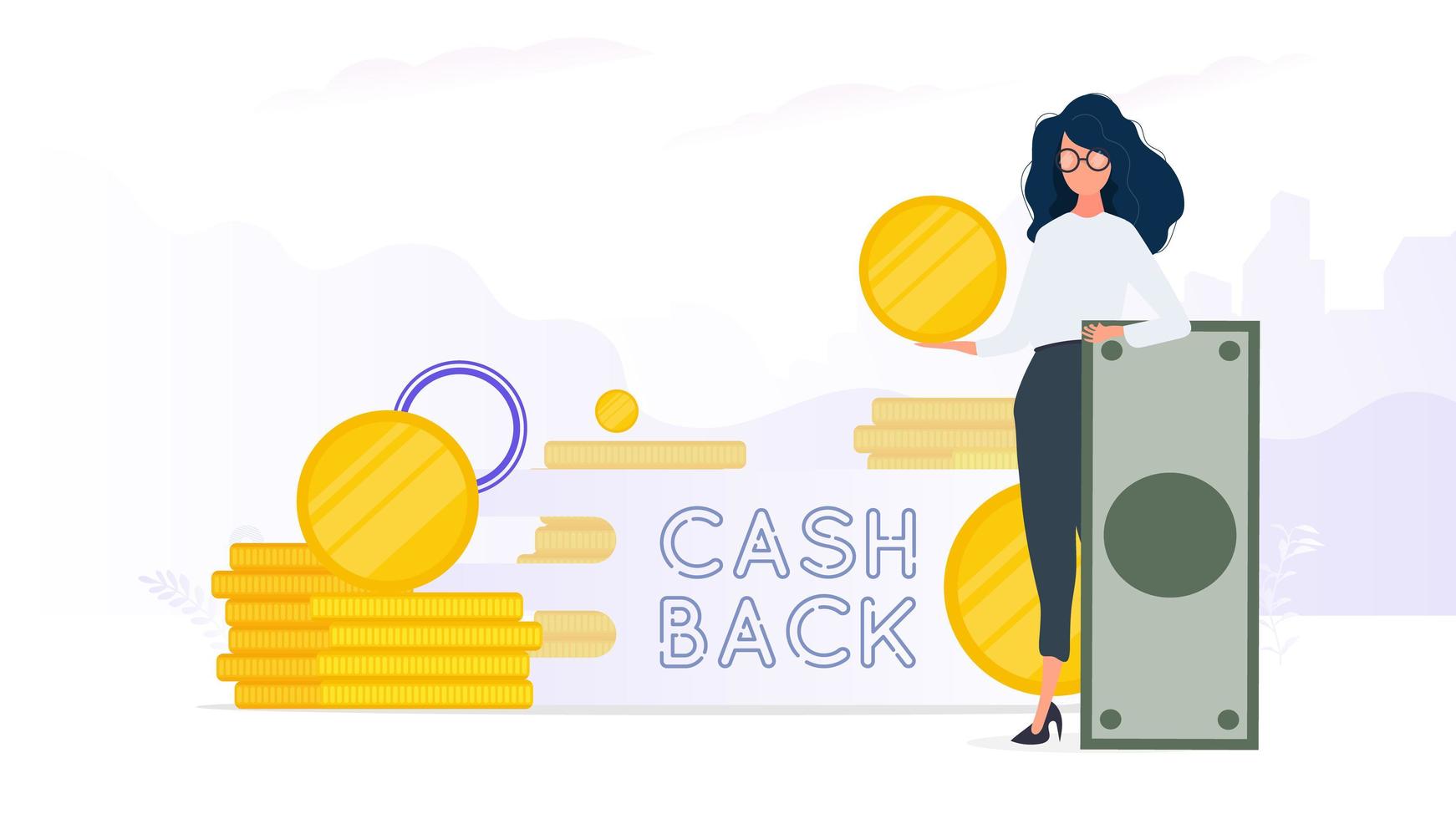 The girl is holding a dollar. Golden coins. Composition on the theme of money back and cashback. Vector. vector