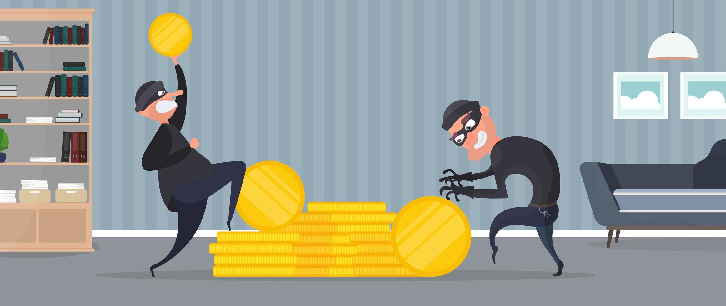 Two robbers steal gold coins. Two thieves are stealing money. Robbery and security concept. Vector. vector