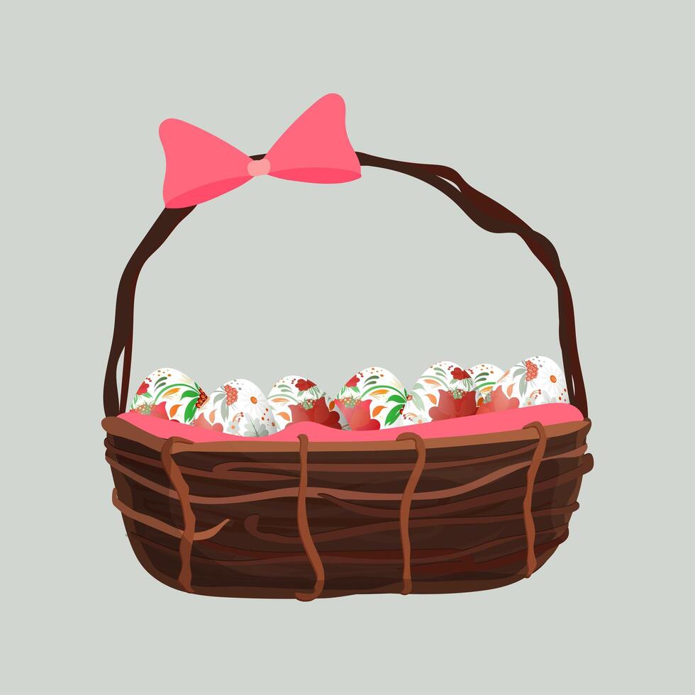 Basket with easter eggs. Easter banner design element. Vector illustration.