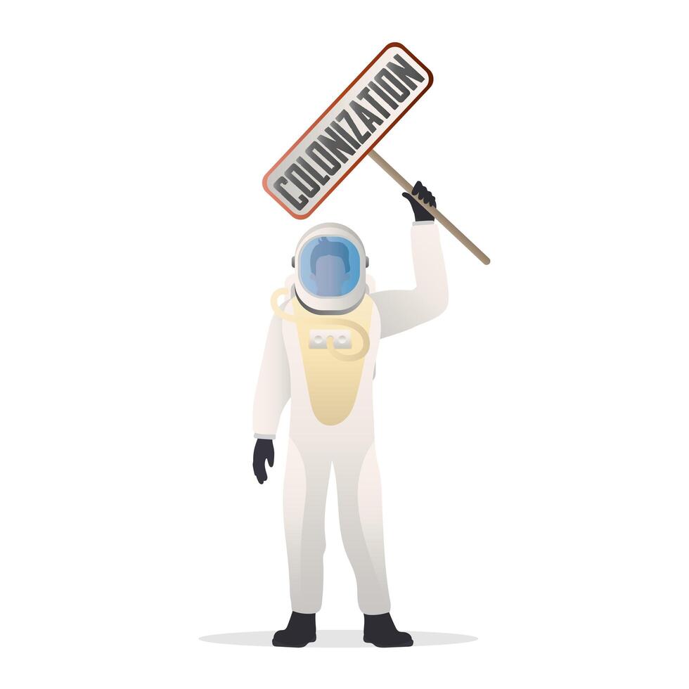 The astronaut in a protective suit. The astronaut is holding a colonization sign in his hands. Suitable for space flight theme. Isolated. . vector